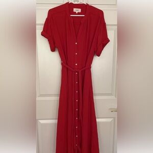 XIRENA Cate Dress Crinkle Gauzy Cotton S/S Tie Waist Coral Red Beachy SMALL